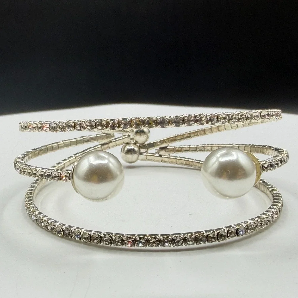 Clear Rhinestone Faux Pearl Silver Tone Triple Row Cuff Wrap Bracelet Bridal